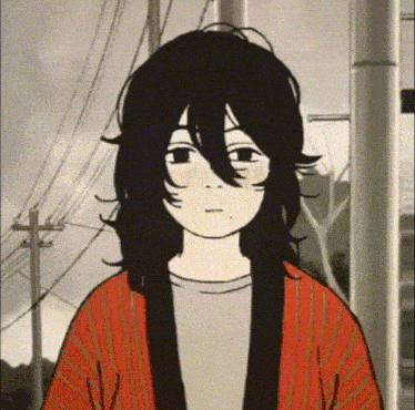 a black and white cartoon of a girl with long hair wearing a red jacket .
