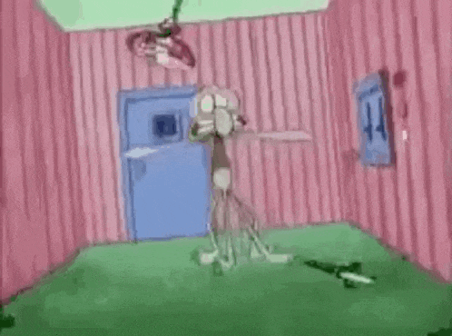 a cartoon character is standing in a pink room with a bicycle hanging from the ceiling .