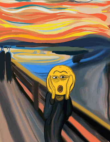 a painting of a person with a surprised smiley face on their face