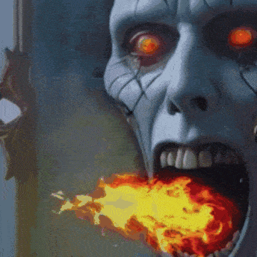 a painting of a monster with red eyes and flames coming out of its mouth