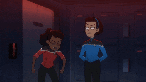 two cartoon characters are standing next to each other with the words logic bitch written in red