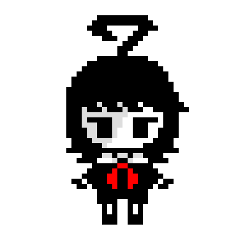 a pixel art of a girl in a suit and tie with a red bow .