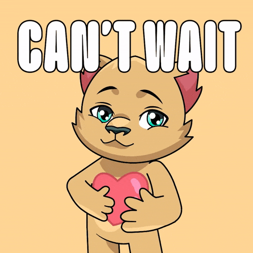 a cartoon cat holding a heart with the words " can 't wait " behind it