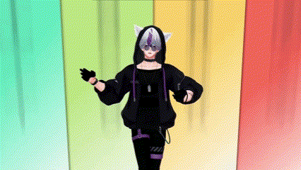 a girl in a black hoodie with cat ears is dancing in front of a colorful background .