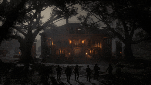 a group of people are walking in front of a large house