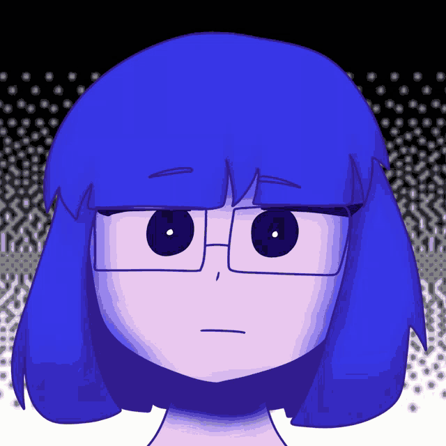 a cartoon girl with blue hair and glasses looks sad