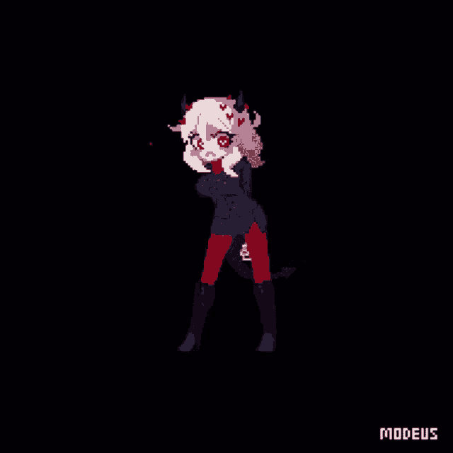 a pixel art of a demon girl with smoke coming out of her ears .