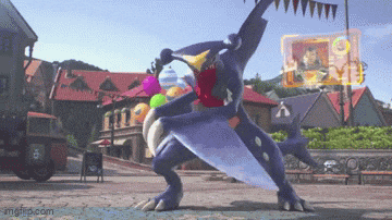 a cartoon character is holding balloons in a town square