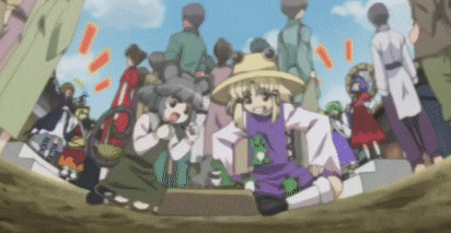 a group of anime characters are standing in a crowd and one of them is wearing a frog hat .