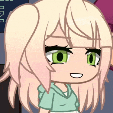 a cartoon character with blonde hair and green eyes
