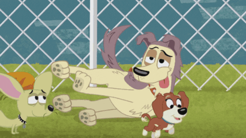 two cartoon dogs are laying on the grass in front of a fence
