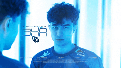 a poster for starmine corp blue shows a man looking at himself in a mirror