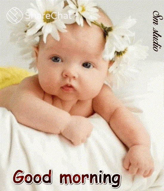 a baby wearing a flower crown on his head is laying on a bed and says good morning .