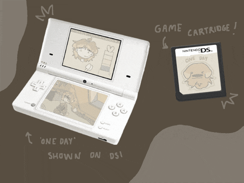 a white nintendo ds with a game cartridge