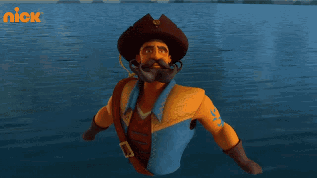 a cartoon character with a cowboy hat and a beard is floating in the water