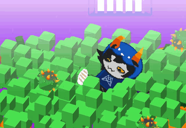 a cartoon character with horns and a blue shirt with a triangle on it is surrounded by green cubes