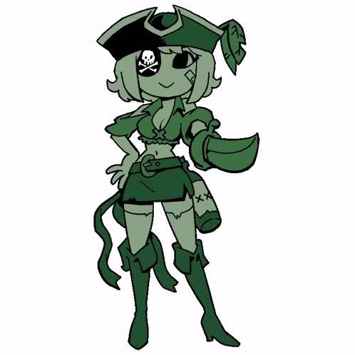 a cartoon drawing of a girl dressed as a pirate with a skull and crossbones eye patch .