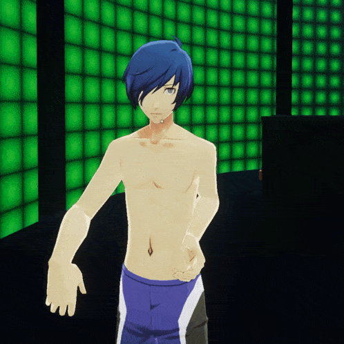 a shirtless anime character with blue hair stands in front of a wall of green squares