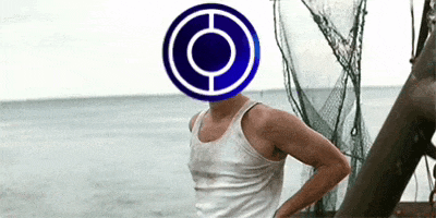 a man wearing a white tank top with a blue circle on his head