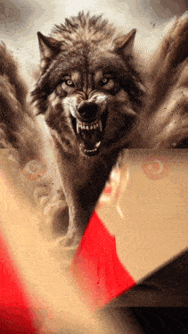 a painting of a wolf with its mouth open and a woman in a red shirt