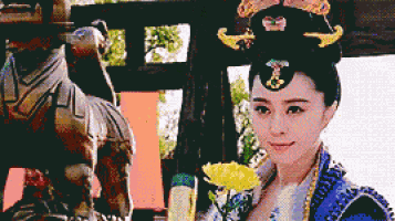 a pixelated image of a woman in a costume holding a flower
