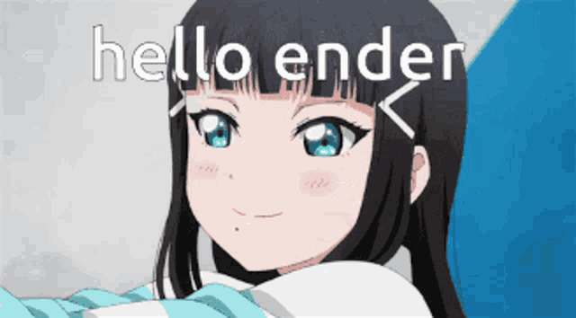 a picture of a girl with the words hello ender written on it
