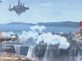 a video game scene with a waterfall and a city floating in the sky .
