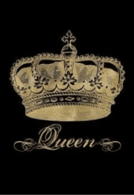 a gold crown is on a black background with the word queen .