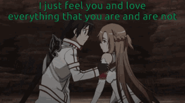 a couple of anime characters with the words " i just feel you and love everything that you are and are now " above them