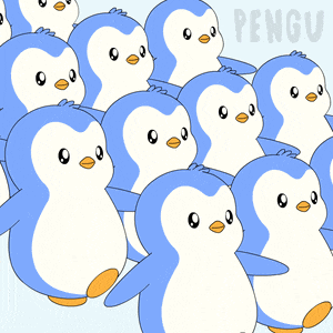 a bunch of blue and white penguins are standing in a line