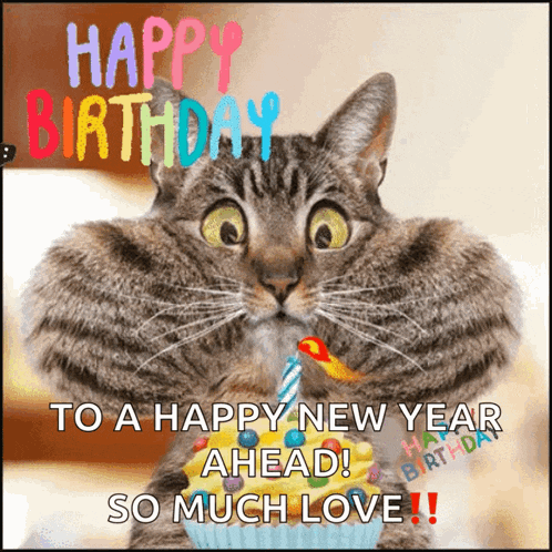 a birthday card with a cat holding a cupcake