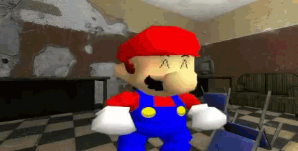 a pixelated image of mario in a room with a checkered floor