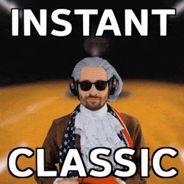 a man wearing a wig and sunglasses is standing in front of a sign that says instant classic