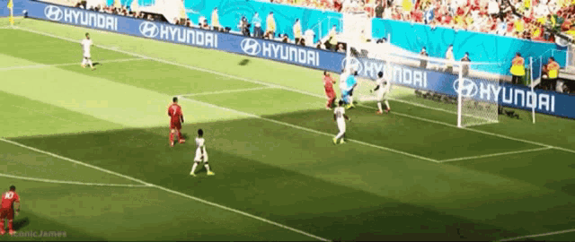 a soccer game is being played on a field with hyundai banners on the sidelines