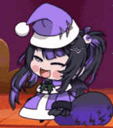 a cartoon girl wearing a purple santa hat