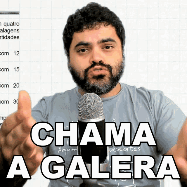 a man speaking into a microphone with the words chama a galera on the bottom
