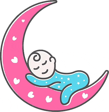 a baby is sleeping on a pink crescent moon