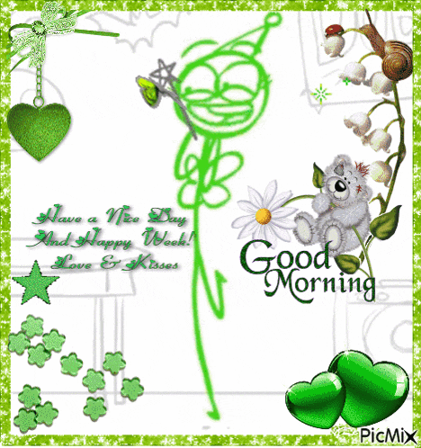 a picture of a teddy bear with a flower and the words good morning