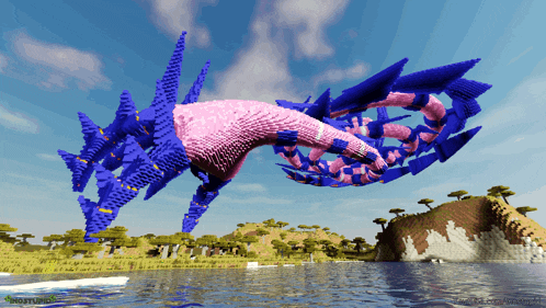 a computer generated image of a pink and blue monster floating over a river