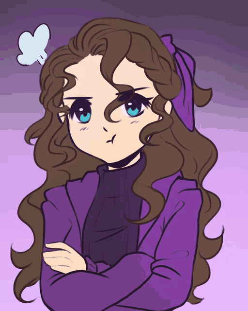 a drawing of a girl with a purple jacket and blue eyes