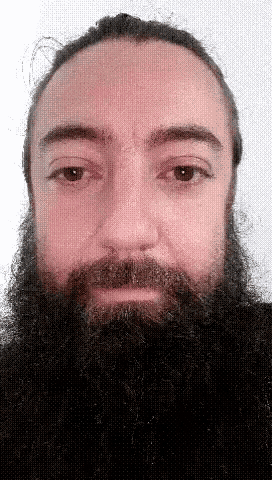 a man with a beard and mustache is looking at the camera