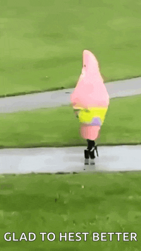 a woman dressed as patrick star from spongebob squarepants is walking down a path .