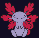 a cartoon axolotl with red wings is smiling