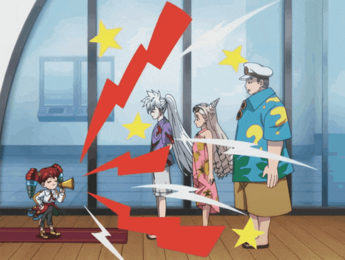 a group of anime characters standing in front of a window with a red lightning bolt in the background