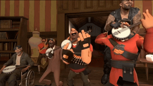 a group of cartoon characters are playing musical instruments in a hallway