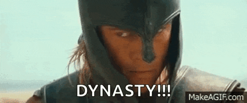 a man wearing a helmet and armor says dynasty !!!