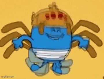 a cartoon character with a crown on his head and a spider behind him .