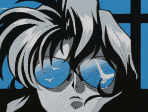 a drawing of a person wearing glasses with a plane reflected in them