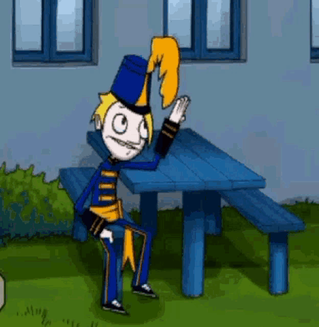 a cartoon character is sitting at a blue picnic table waving his hand .