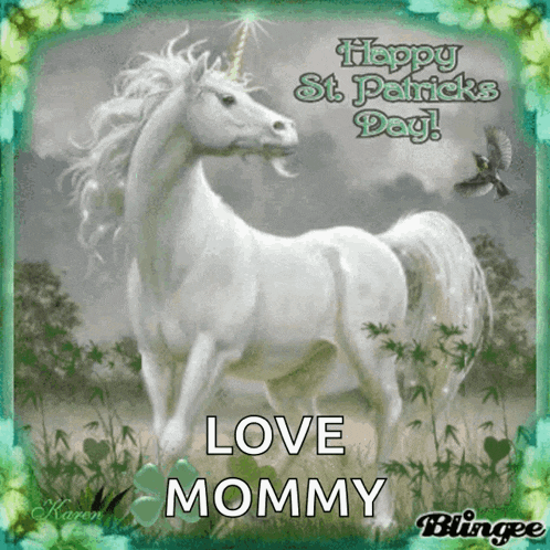 a picture of a white unicorn with the words happy st. patrick 's day love mommy